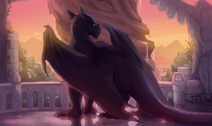 Dragon overlooking a valley at sunset