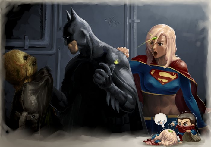 Batman and Supergirl confront Scarecrow with chibi versions of themselves