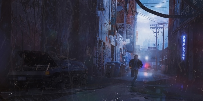 Cyberpunk alleyway with a man running from police
