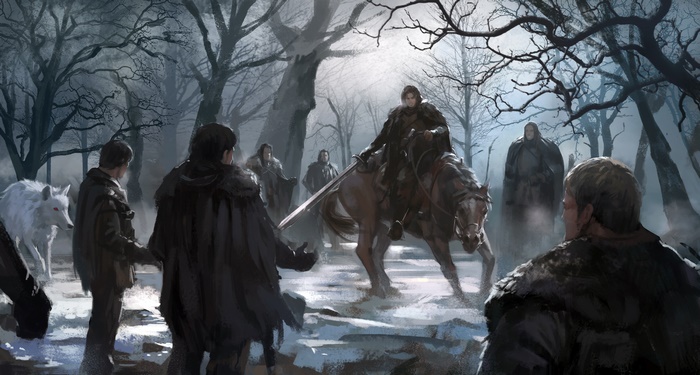 Jon Snow from Game of Thrones on horseback in a forest