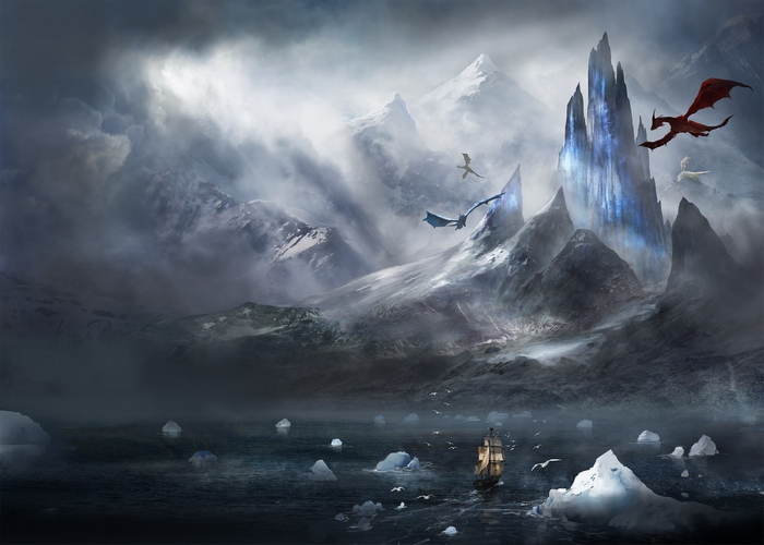 Dragons flying over icy mountains and a ship