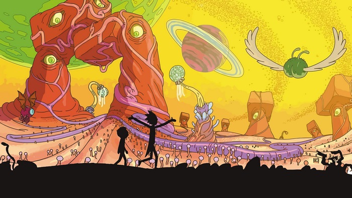 Rick and Morty in an alien landscape