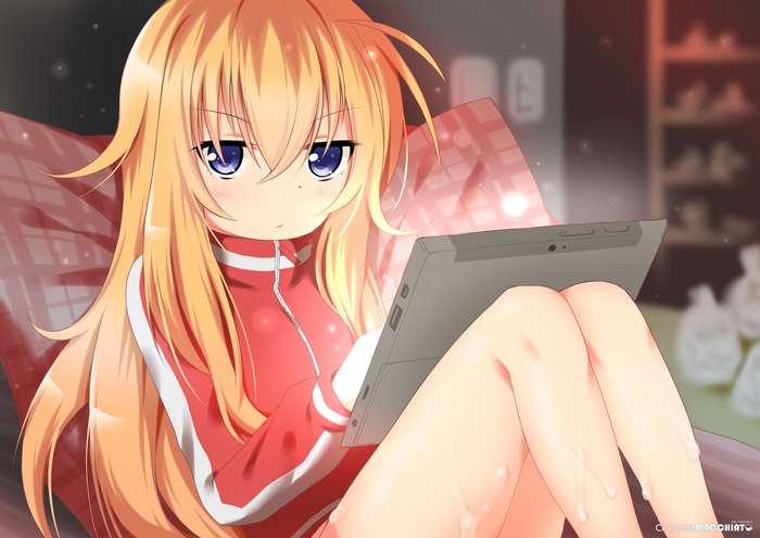 Anime girl with blonde hair using a tablet