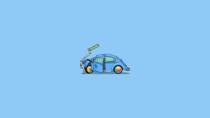 Blue Volkswagen Beetle crashed into a 'Deadlines' sign