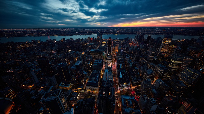 New York City Skyline at Dusk with Illuminated Streets