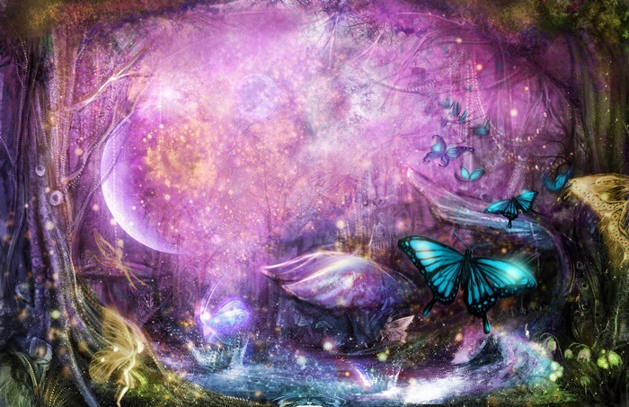 Fantasy forest with butterflies and fairies