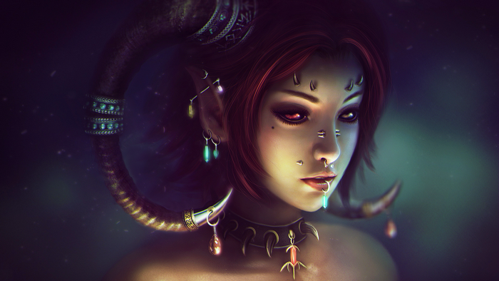 Fantasy demon girl with horns and piercings