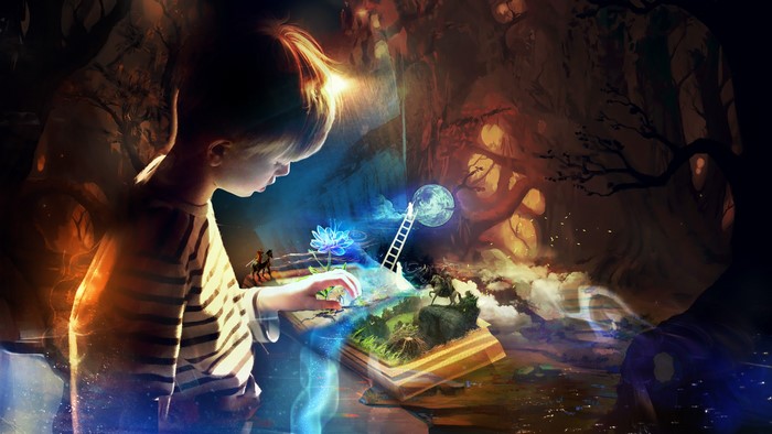 Boy reading a magical storybook
