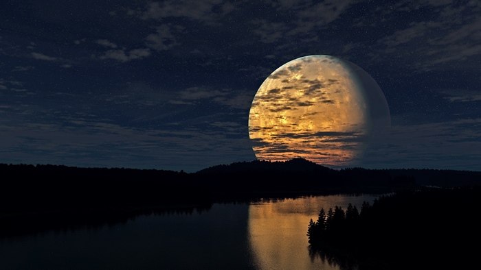 Night sky with moon over a river and forest