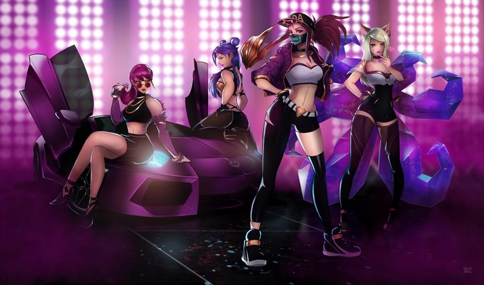 K/DA members from League of Legends with a car