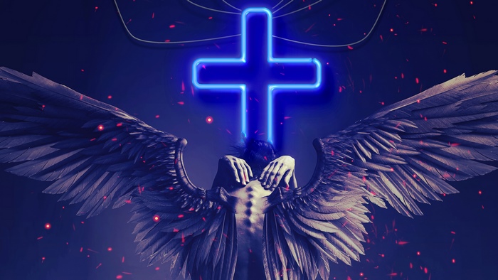 Angel with neon cross and wings