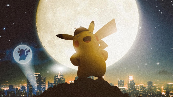 Detective Pikachu in front of a large moon
