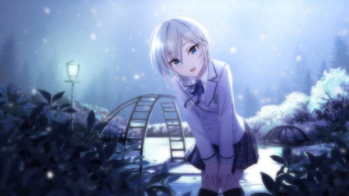 Anime girl in a school uniform in a park at night