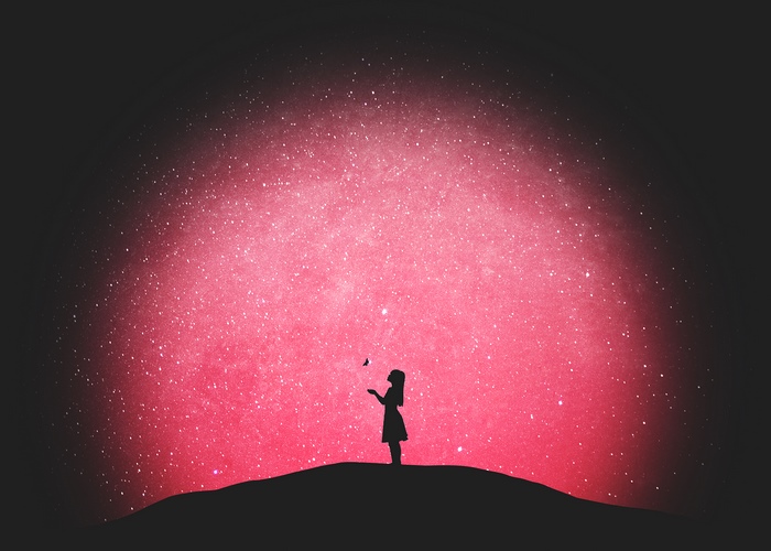 Girl with butterfly under pink starry sky