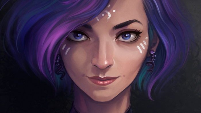 Woman with purple hair and blue eyes