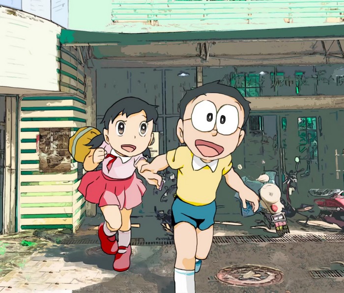 Nobita and Shizuka Running Joyfully