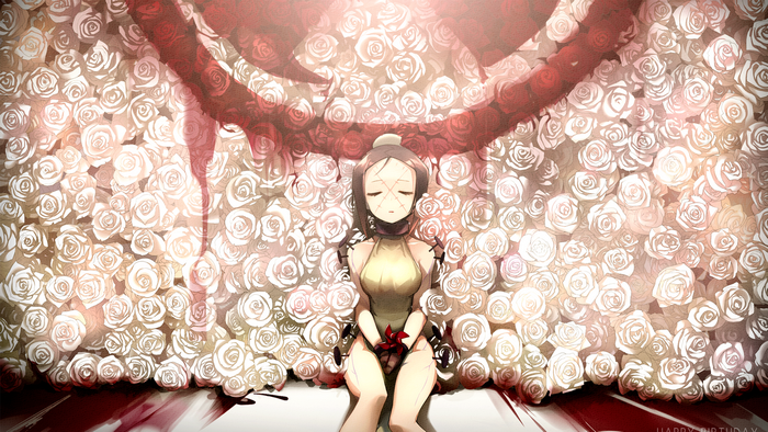 Painwheel from Skullgirls sitting in roses