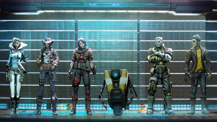 Borderlands characters and Claptrap standing in a line