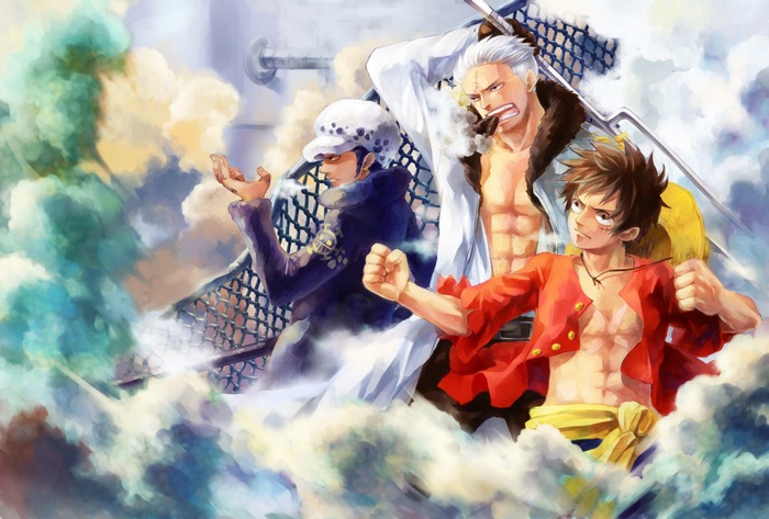 Trafalgar Law, Smoker, and Monkey D. Luffy from One Piece