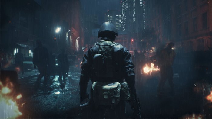 Hunk from Resident Evil 2 (2019) in a rainy city