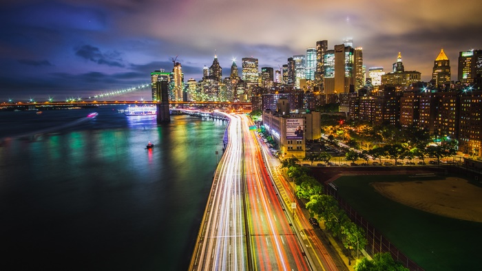 New York City Skyline and Brooklyn Bridge at Night