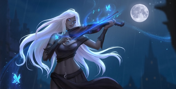 Woman with white hair playing violin under the moon