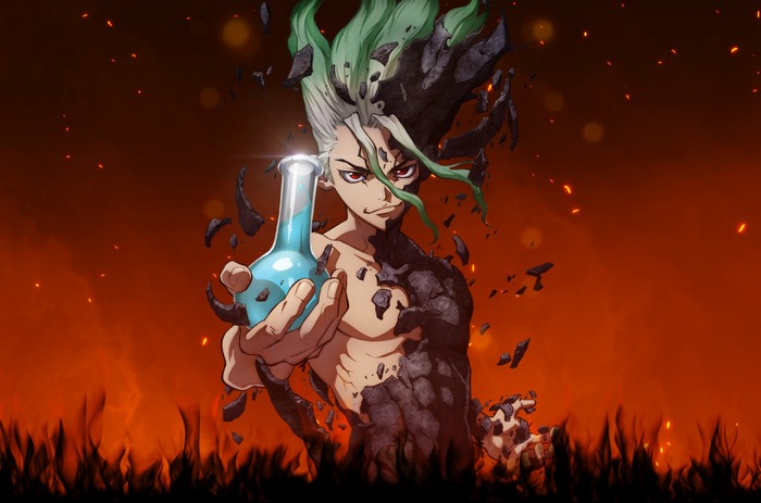 Senku Ishigami from Dr. Stone holding a flask