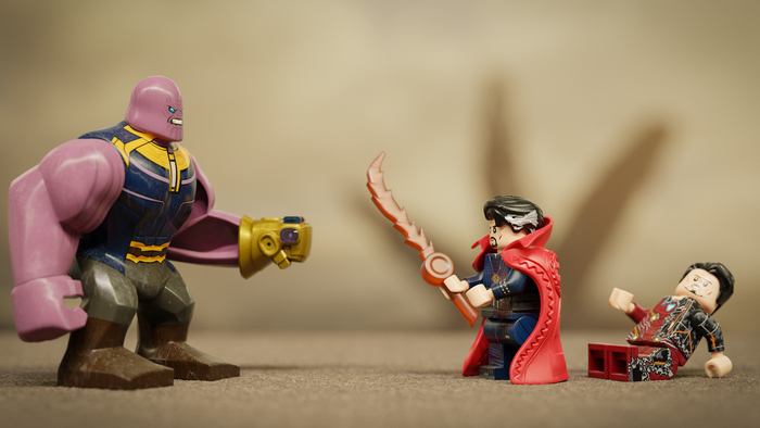 Thanos, Doctor Strange, and Iron Man from Marvel