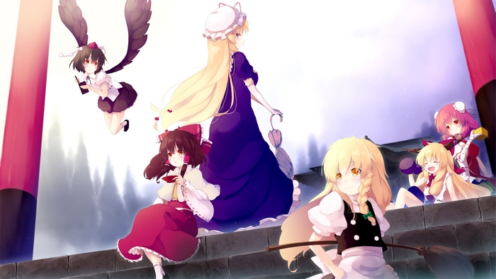 Touhou Project characters: Aya Shameimaru, Yukari Yakumo, Suika Ibuki, Marisa Kirisame, Reimu Hakurei, Kasen Ibaraki