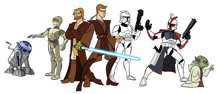 Star Wars characters: R2-D2, C-3PO, Obi-Wan, Anakin, Clone Troopers, Yoda
