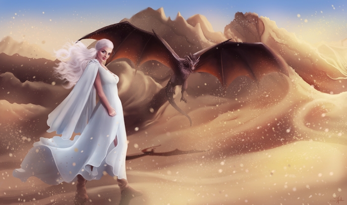 Daenerys Targaryen with Dragons in a Desert