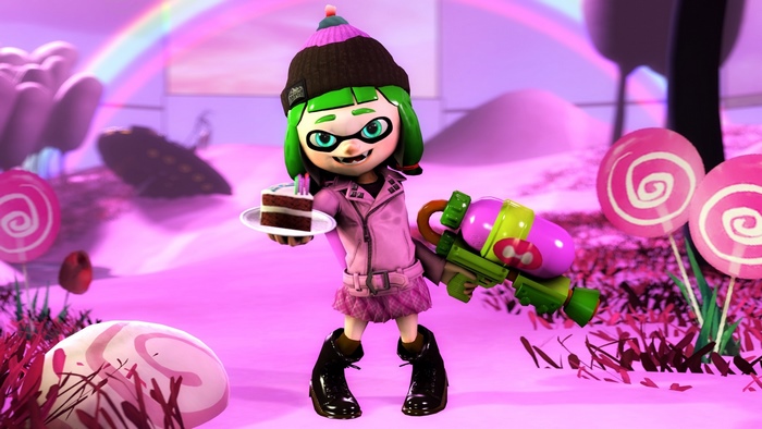 Inkling with cake and Splattershot in Splatoon 2