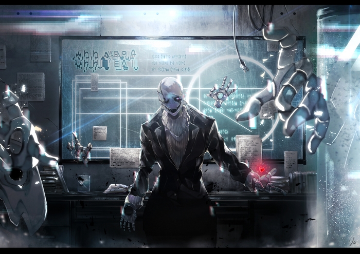 Gaster from Undertale in a futuristic laboratory