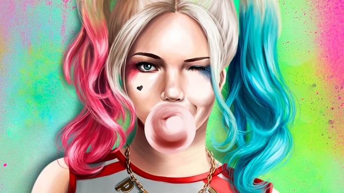 Harley Quinn from DC Comics blowing bubblegum