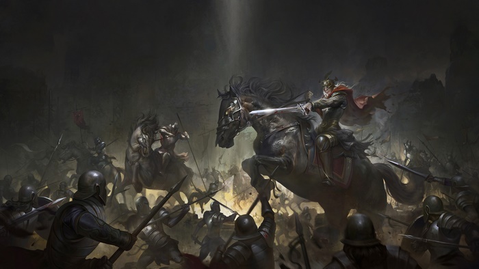 Warriors on horseback in battle with swords and armor
