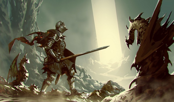 Knight fighting dragons in a desolate landscape
