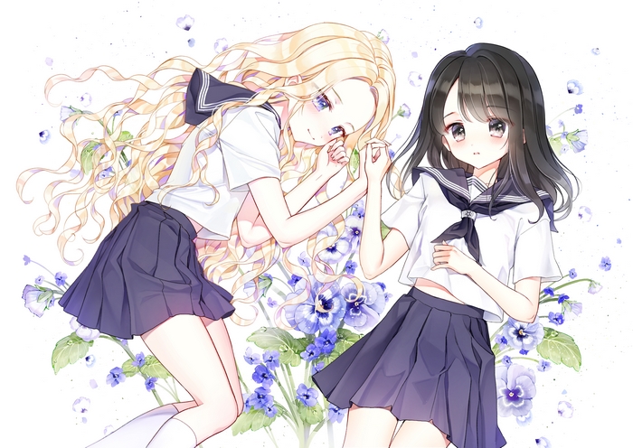 Two anime girls in sailor uniforms with flowers