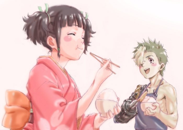Mumei and Ikoma from Koutetsujou no Kabaneri eating rice