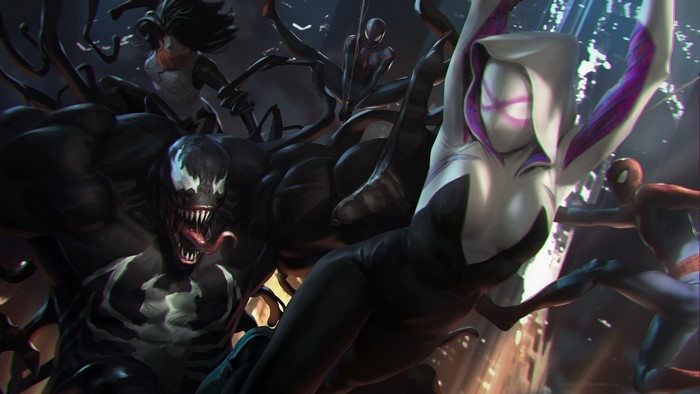 Venom and Spider-People fighting in a city