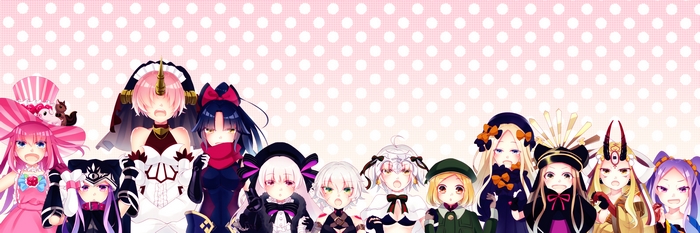 Anime characters with pink polka dot background
