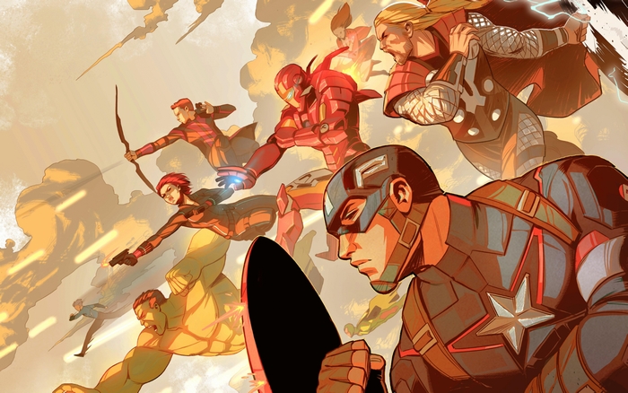 Avengers Assemble: Captain America, Thor, Iron Man, Hulk, Black Widow, Hawkeye, Scarlet Witch, Quicksilver