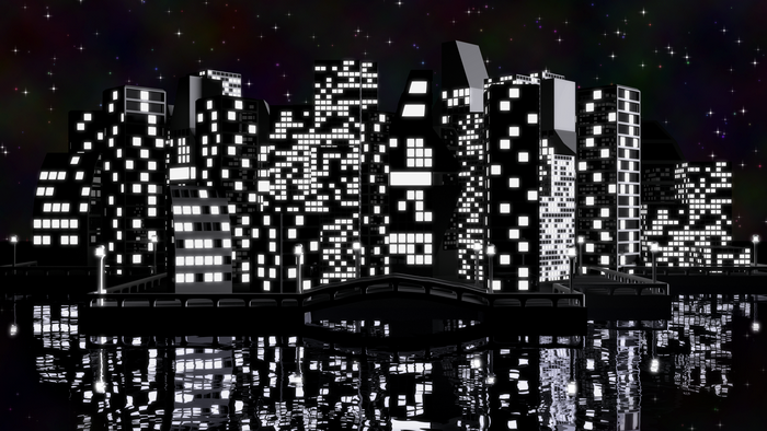 Night city skyline with stars and water reflection