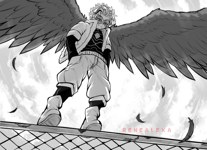 Hawks from My Hero Academia standing on a fence