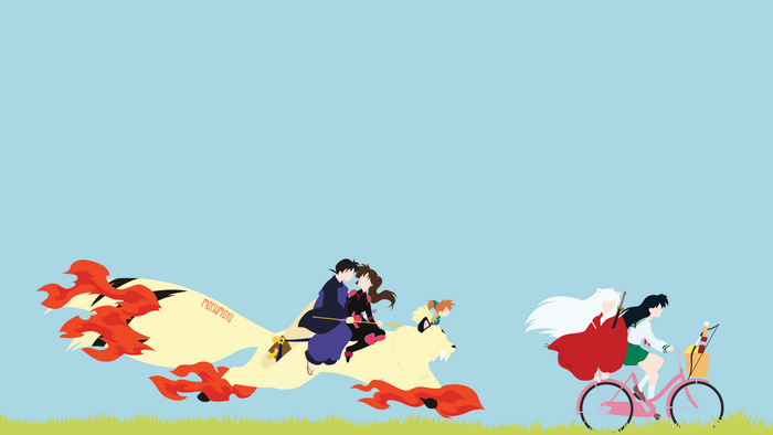 Characters from InuYasha riding a creature and bicycles