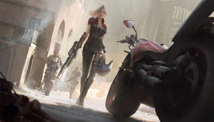 Woman warrior with guns and motorcycle