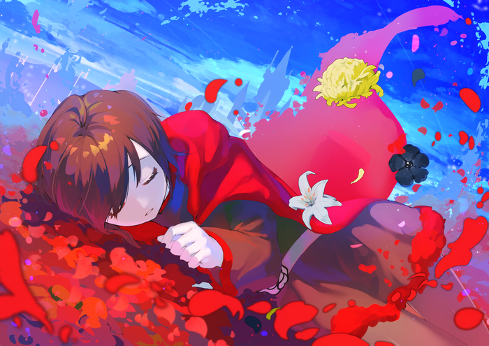 Ruby Rose from RWBY lying in flowers