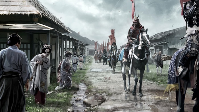 Samurai procession with geishas in a village