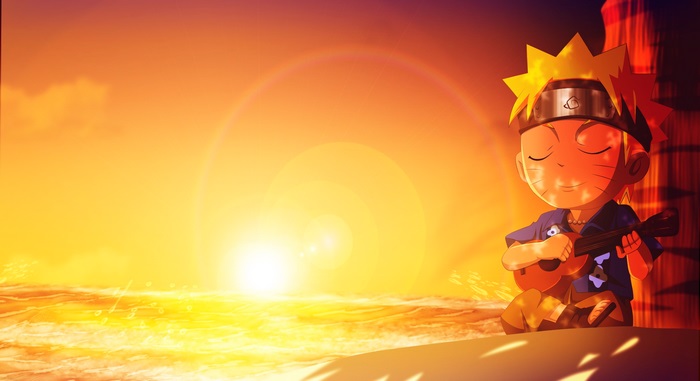 Chibi Naruto Uzumaki playing ukulele on a beach at sunset
