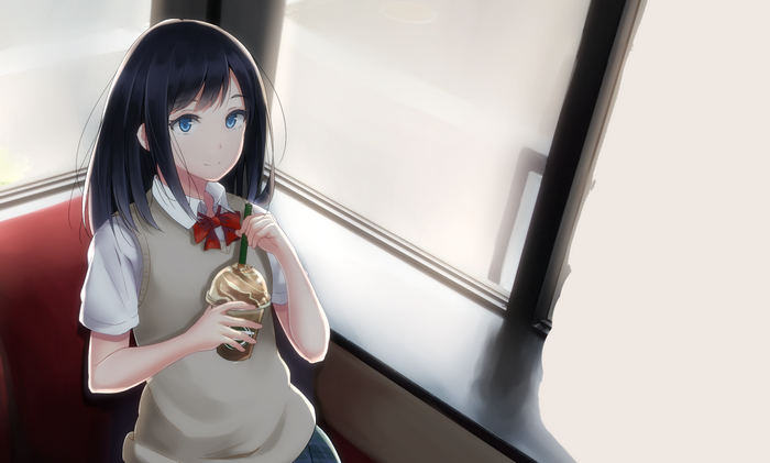 Anime girl with blue eyes and black hair drinking a beverage