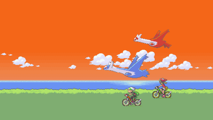 Latias and Latios flying over Brendan and May on bikes